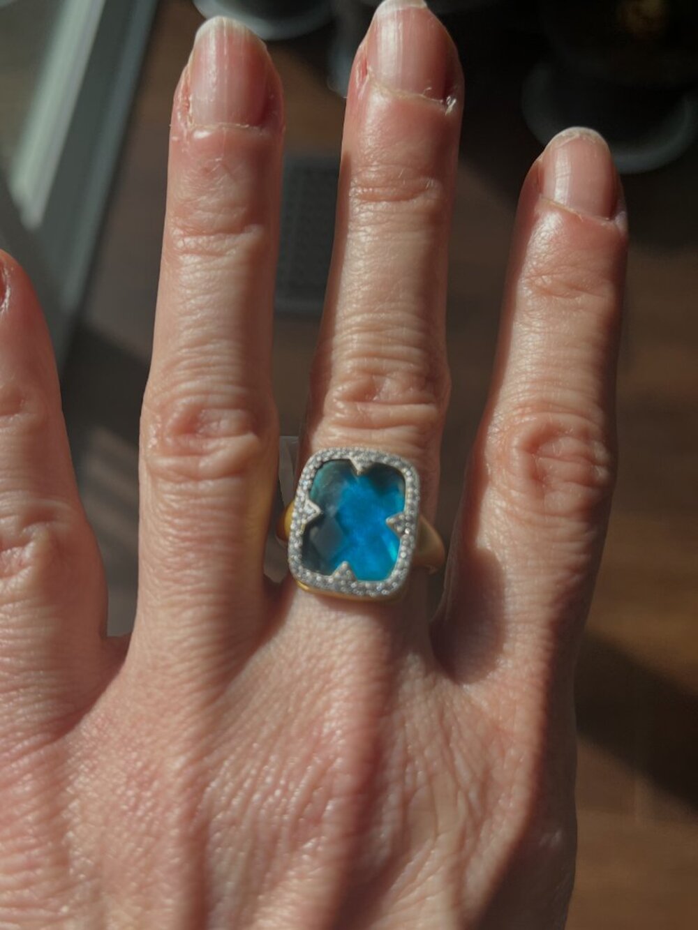 Freida Rothman Blue Faceted Stone with CZ Halo Ring NWT Size 8 - Picture 5 of 15
